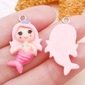 Pink resin cartoon mermaid pendant DIY jewelry charm with silver metal hanging loop - Pink Hair Mermaid (24485) / 29x17x6mm