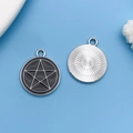 Silver pentagram pendant with black enamel finish and sunburst pattern for DIY jewelry - Round Pentagram Star Card (18115) / 17x20mm