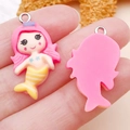 Resid cartoon mermaid charm with pink hair and yellow fish tail for DIY jewelry making - Rose Red Hair Mermaid (24486) / 29x17x6mm