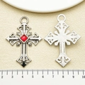 Vintage silver alloy cross pendant with central red gemstone and retro hollow patterns - Red Rhinestone Hollow Cross (22360)