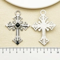 Vintage silver hip hop cross pendant with black gemstone inlay and 5.5cm scale display - Black Rhinestone Hollow Cross (22361)