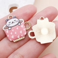Pink heart coffee cup cat alloy enamel pendant with golden textured reverse side - KC Gold Base Enamel Pink Cup White Cat (16680)