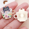 Cute black cat in floral white coffee cup alloy pendant for DIY jewelry making - KC Gold Base Enamel Floral Cup Black Cat (16682)