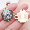 Cute black enamel cat coffee cup alloy pendant charm for DIY jewelry and keychains - KC Gold Base Enamel Floral Cup Green Cat (16684)