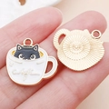 DIY black cat enamel coffee cup alloy pendant for earring necklace accessories - White KC Gold Enamel Cup Black Cat (16962)