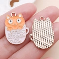 Cute orange cat in purple coffee cup enamel charm with rose gold alloy finish - Orange Cat Pink Cup Enamel (19422)