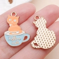 Cute enamel orange cat in a blue coffee cup alloy charm with a golden back for DIY jewelry - Orange Cat Blue Cup Enamel (19423)