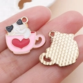 Cute pink heart cat coffee cup alloy pendant with a gold textured back for DIY jewelry - White Cat Pink Cup Enamel (19424)