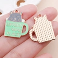 Cute enamel cat in green coffee cup charm pendant for DIY jewelry and keychains - Gray Cat Green Cup Enamel (19425)