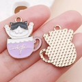 Cat in purple coffee cup enamel charm with gold Café text and textured metal back - White Cat Purple Cup Enamel (19426)
