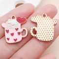 Cute pink cat in coffee cup alloy pendant for DIY jewelry making and keychain craft - White Heart Cat Pink Cup Enamel (19427)