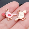 Colgantes de bricolaje de pájaro rosa y corazón en aleación de zinc con baño de oro - Pájaro de Corazón Esmaltado Rosa (25165)