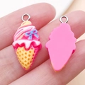 Pink resin ice cream cone charm with blue bow and silver metal loop for DIY crafts - Rose Red Base Yellow Bow Style (24499)