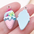 Pastel resin strawberry ice cream cone pendant with metal loop for DIY jewelry craft - Lake Blue Base Pink Bow Style (24501)
