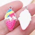 Resin ice cream cone pendant with pink bow and silver loop for DIY jewelry making - White Base Rose Red Bow Style (24502)