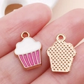 DIY enamel cupcake charms in gold finish featuring pink and white dessert styling - Rose Red Enamel Cupcake (15785)