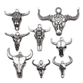 Set of 8 vintage silver bull skull charms with bohemian hollow patterns for DIY jewelry making - Mixed Antique Silver Bull Head Styles (SN670)