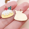 Christmas pudding enamel charm with heart and holly detail for DIY jewelry making - Yellow White Enamel Heart Cake (24678)