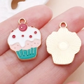 Zinc alloy cupcake charm with colorful enamel finish and golden textured back - White Brown Enamel Two-Tone Cupcake (24686)