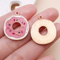 Pink enamel donut charm with colorful sprinkles and golden textured back for DIY jewelry - Rose Pink Enamel Large Donut (24703)