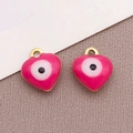 Colgantes de corazón en esmalte rosa con detalle de ojo turco y bordes dorados - Ojo Turco Corazón Rosa Rojo / 8x9mm