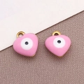 Colgantes de corazón en esmalte rosa con ojo turco y aro dorado para joyería creativa - Ojo Turco Corazón Rosa / 8x9mm