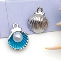 DIY shell pendant in silver alloy with blue enamel and white faux pearl detail - Small Style / Lake Blue Enamel Pearl Shell (14351)