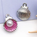 Pink enamel open shell charm with faux pearl for DIY jewelry making and crafts - Small Style / Pink Enamel Pearl Shell (14358)