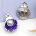 Pendentif coquillage argenté avec émail violet et perle blanche pour bijoux DIY - Petit Style / Coquillage Perlé Émaillé Violet (15385)