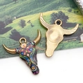 Zinc alloy bull head charms with colorful enamel flower patterns and sunburst texture - Bohemian Floral Style (19042)