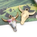Floral bull head pendant in gold finish with vintage enamel flower print detailing - Orange Pink Floral Style (19044)