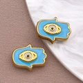 Colgantes mano de Fátima dorados con ojo de esmalte azul para hacer joyas - Cuenta Hamsa Azul / 9x12x4mm