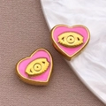 Colgantes de corazón esmaltado rosa con ojo turco dorado para joyería DIY - Cuenta Corazón Rosa / 9x10x4.5mm