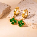 Gold-plated four-leaf clover drop earrings with green heart-shaped zircons and matte finish - Four-leaf Clover Style (BJGE0745) / Green #1