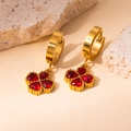 Gold-plated stainless steel hoop earrings with red heart-shaped zircon clover pendants - Four-leaf Clover Style (BJGE0745) / Red #1