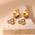 Detailed shot of 18K gold plated clover earrings with heart shaped clear zircons - Three-leaf Clover Style (BJGE0745) / Transparent White #2