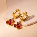 Detailed close-up of 18K gold earrings with red heart-shaped stones on stone decor - Three-leaf Clover Style (BJGE0745) / Red #2