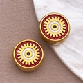 Cuenta cilíndrica de acero dorado con esmalte rojo, ojo turco y patrón de engranaje mecánico - Cuenta Redonda Roja / 12X12X6MM