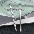 Pair of vintage silver medieval knight sword charms with lion crest and Celtic knot patterns - Antique Silver Knight Long Sword (24x85mm-8075)