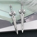 Pair of vintage silver sword pendants with fantasy engraving for DIY jewelry - Antique Silver Fantasy Sword (12x69mm-16172)