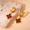 Detail of 18K gold plated titanium earrings with red clover-shaped gemstone pendants - Pear Shape Four-petal Flower Style (BJGE0745) / Red #5