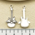 Vintage silver guitar charm pendant with wings for DIY jewelry making accessories - Antique Silver Angel Wings Guitar (22279)