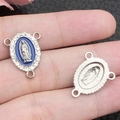 Blauw emaille Maria-hanger met witte steentjes en drie gaten connector voor sieraden - Wit K Koningsblauw Emaille Witte Zirkonia 3-Gats (15318)