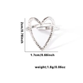 Detail view of adjustable silver heart ring with hammer texture and size measurements - Adjustable Open Size / Hollow Heart Style (TYR0507) / Silver