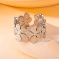 Silver flower ring with floral texture and adjustable open band in stainless steel - Brushed Floral Style 7 / Steel