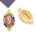 Gouden Maagd Maria hanger met paars emaille en kleurrijke strass-steentjes connector - KC Goud Paars Emaille Multicolor Strass 2-Gats (15349)