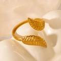 Elegant gold leaf stainless steel open ring with detailed vein textures on wave stand - Double Leaf Style (28) / Gold