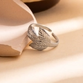Macro shot of silver adjustable leaf ring showing intricate vein textures on stainless steel - Triple Leaf Style (10) / Steel