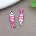 Pink and white striped fish charm with heart tail made of stainless steel enamel - Steel Color Rose Red Striped Fish (T1190)