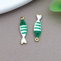 Enameled stainless steel fish charm pendant in green and white stripes for DIY jewelry - Gold Color Green Striped Fish (T1200)